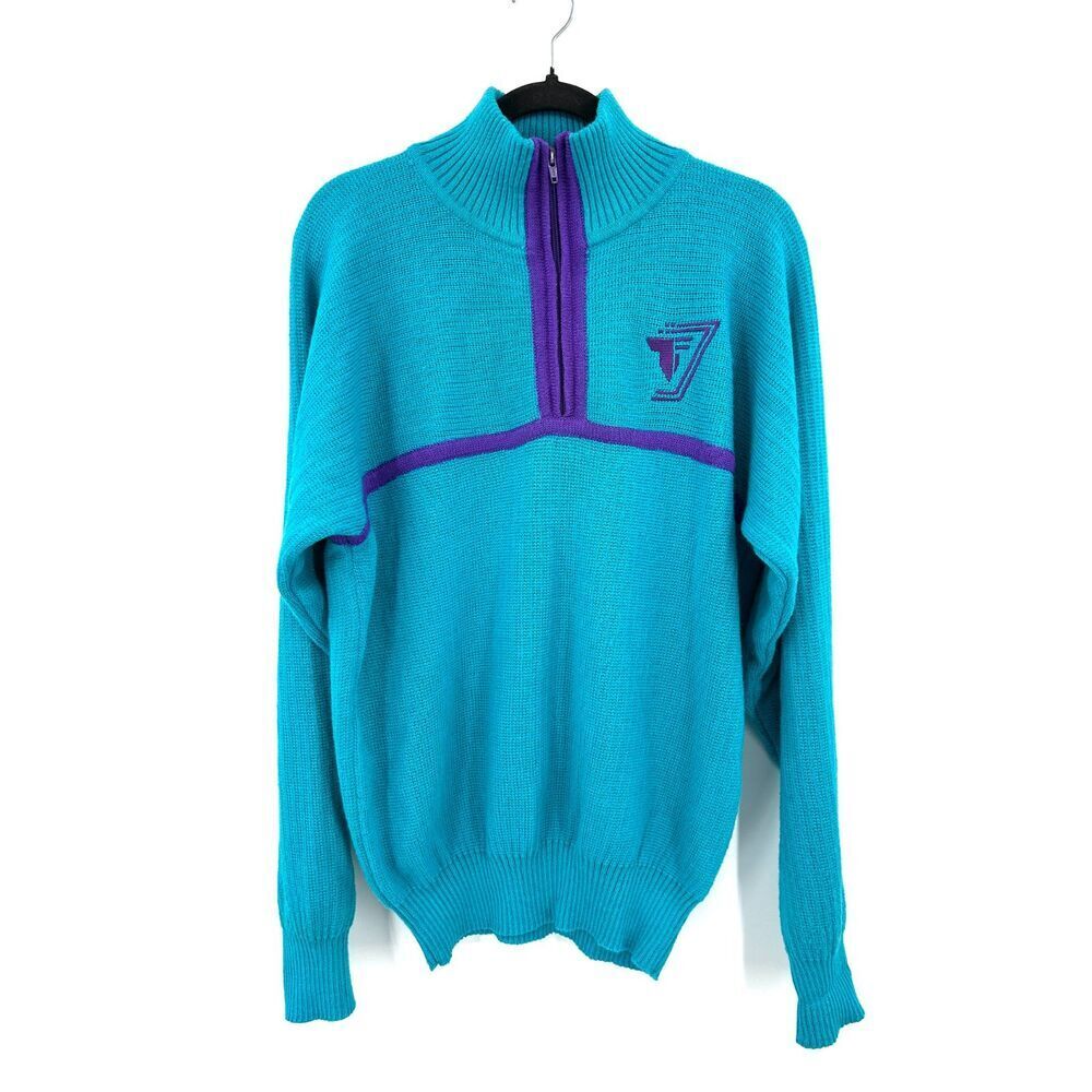 TYROLIA Men's Vintage Teal Blue Purple Wool Knit 1/4 Zip Pullover Sweater Medium
